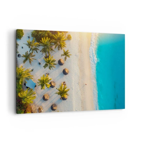 Bild auf Leinwand - Leinwandbild - Blick auf einen tropischen Strand mit Palmen und türkisfarbenem Meer - 120x80cm - Willkommen im Paradies - Moderne Wanddekoration für Wohnzimmer und Schlafzimmer ARTTOR