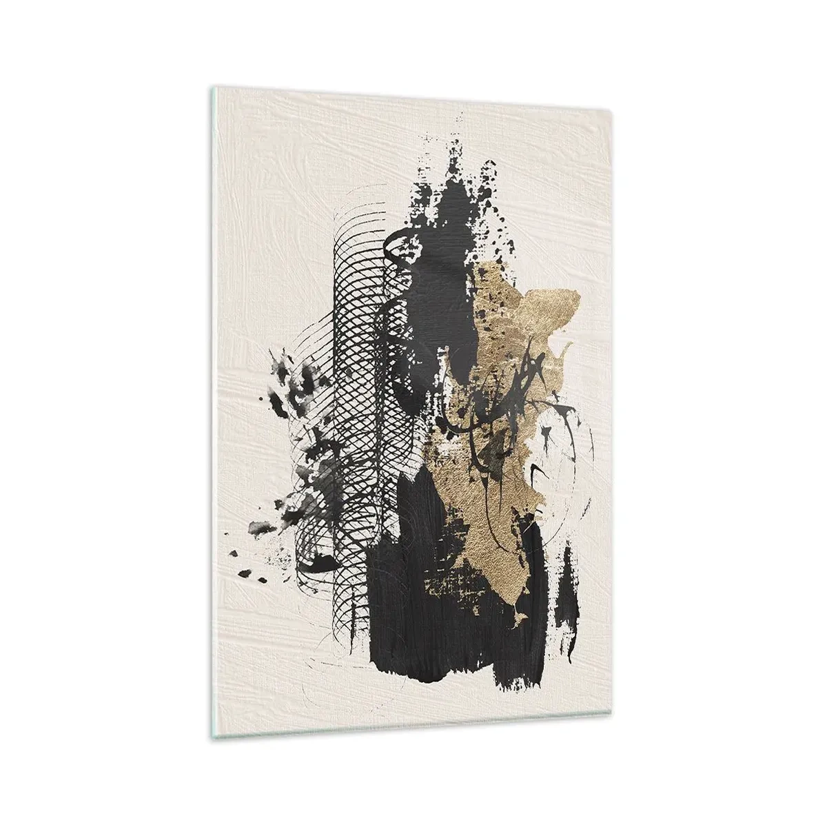 Glasbild - Bild auf glas - Ein abstraktes Gemälde in Schwarz und Gold mit dynamischen Linien und Strukturen. - 80x120cm - Komposition mit Leidenschaft - Moderne Wanddekoration für Wohnzimmer und Schlafzimmer ARTTOR
