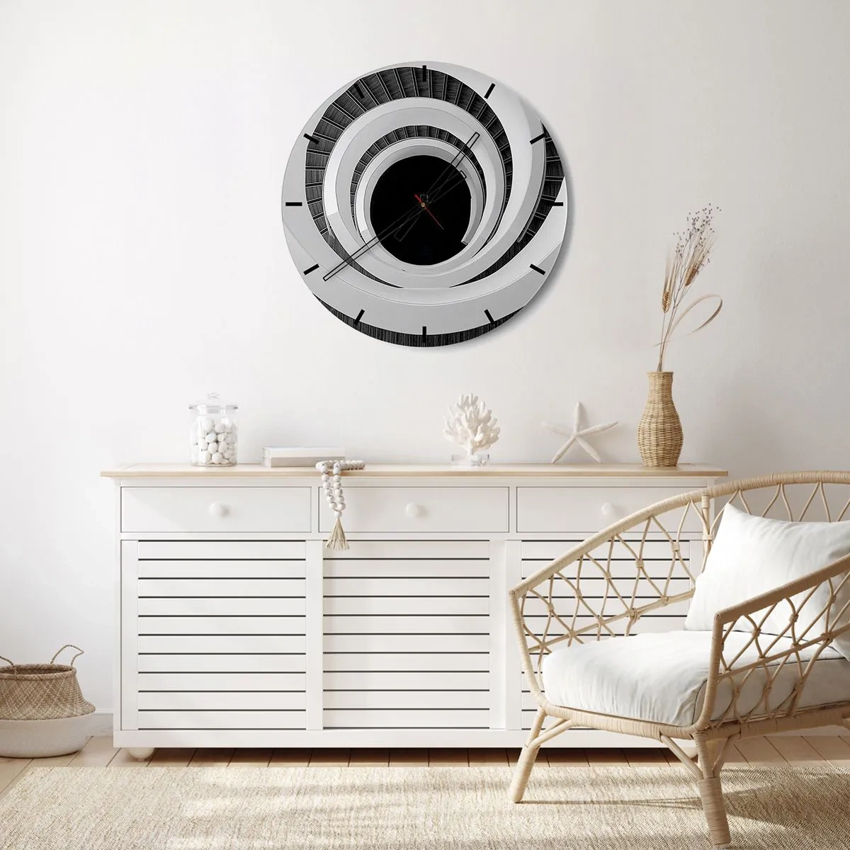 Wanduhr - Glasuhr - Wendeltreppe im Schwarz-Weiß-Stil - 30x30cm - Zum Kern der Sache - Moderne Wanddekoration für Wohnzimmer, Küche und Schlafzimmer ARTTOR