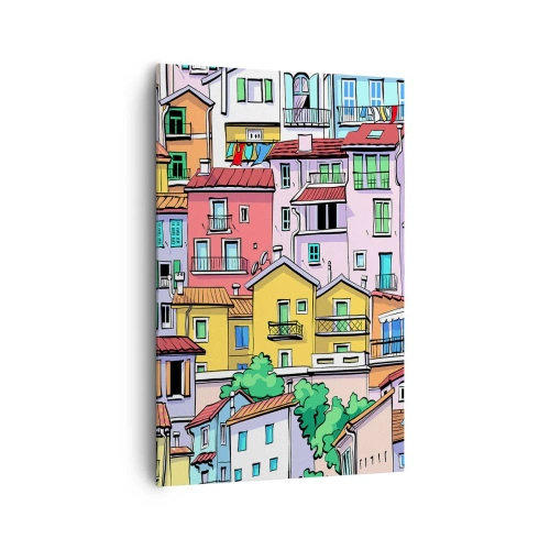 Bild auf Leinwand - Leinwandbild - Bunte Mietshäuser im lebendigen, fröhlichen Stil - 80x120cm - Lustige Stadt - Moderne Wanddekoration für Wohnzimmer und Schlafzimmer ARTTOR