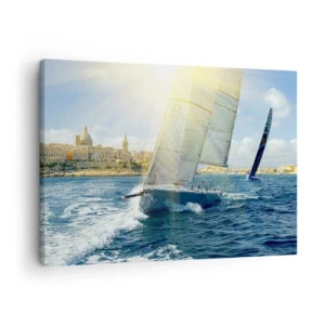 Bild auf Leinwand - Leinwandbild - Yachtrennen vor der Kulisse einer sonnigen Küste - 70x50cm - Es ist Zeit die Stadt zu verlassen - Moderne Wanddekoration für Wohnzimmer und Schlafzimmer ARTTOR
