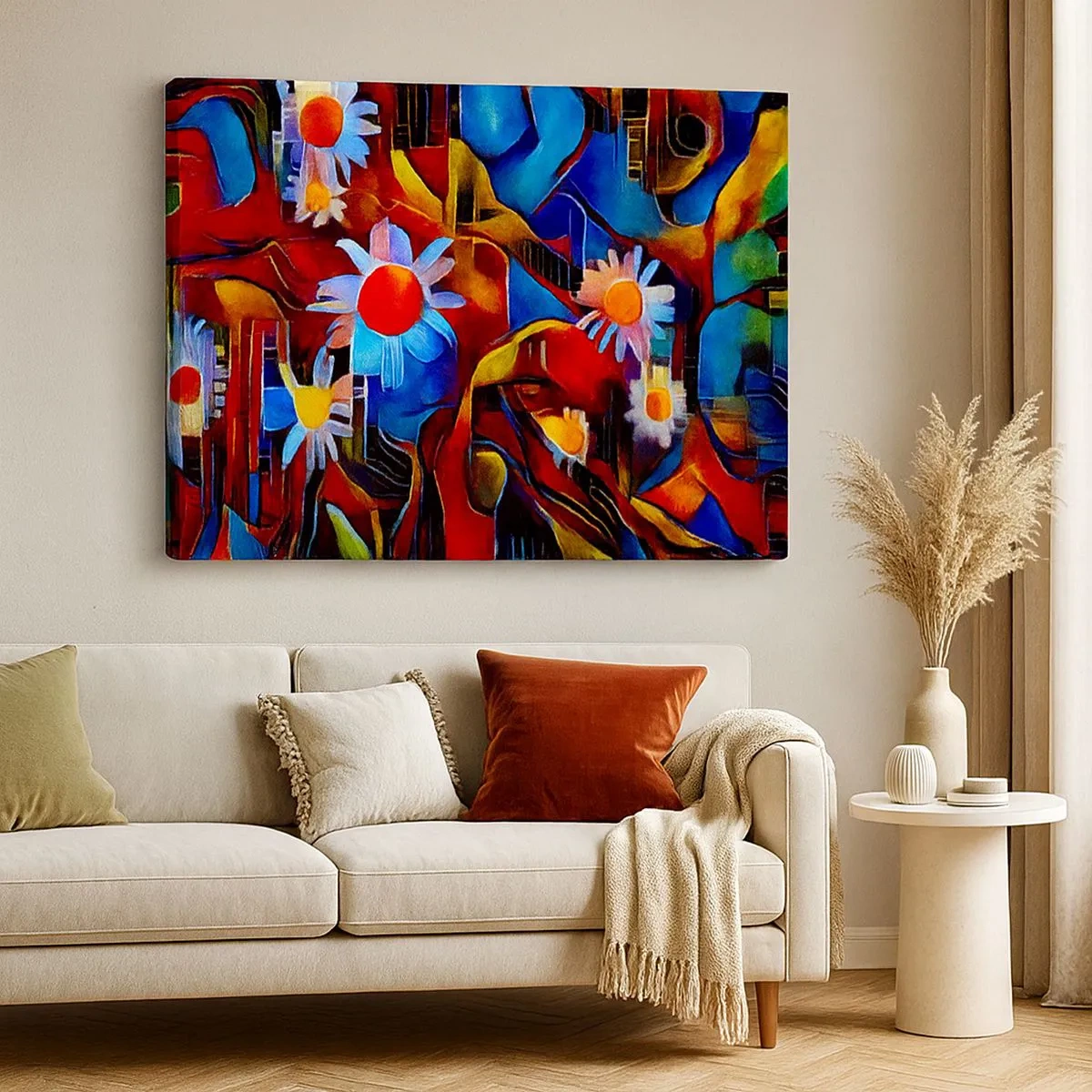 Bild auf Leinwand - Leinwandbild - Abstrakte Blumen vor einem Hintergrund aus geometrischen Mustern - 70x50cm - Die Farben des Lebens - Moderne Wanddekoration für Wohnzimmer und Schlafzimmer ARTTOR