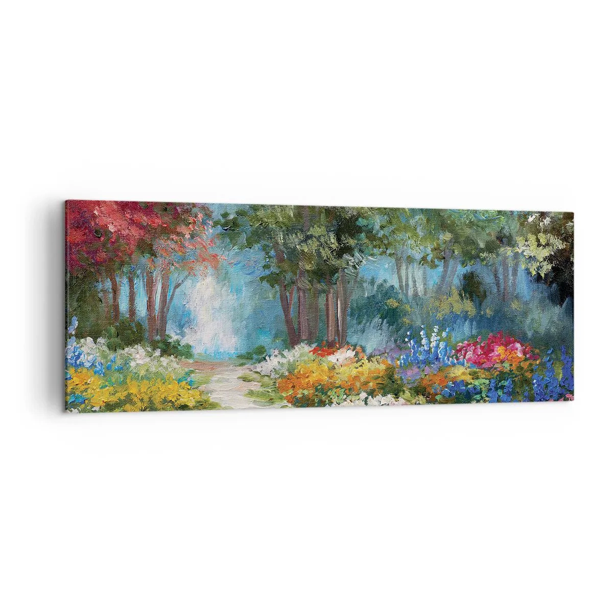Bild auf Leinwand - Leinwandbild - Ein malerischer Garten voller bunter Blumen und Bäume in einer Waldumgebung - 140x50cm - Waldgarten, Blumenwald - Moderne Wanddekoration für Wohnzimmer und Schlafzimmer ARTTOR