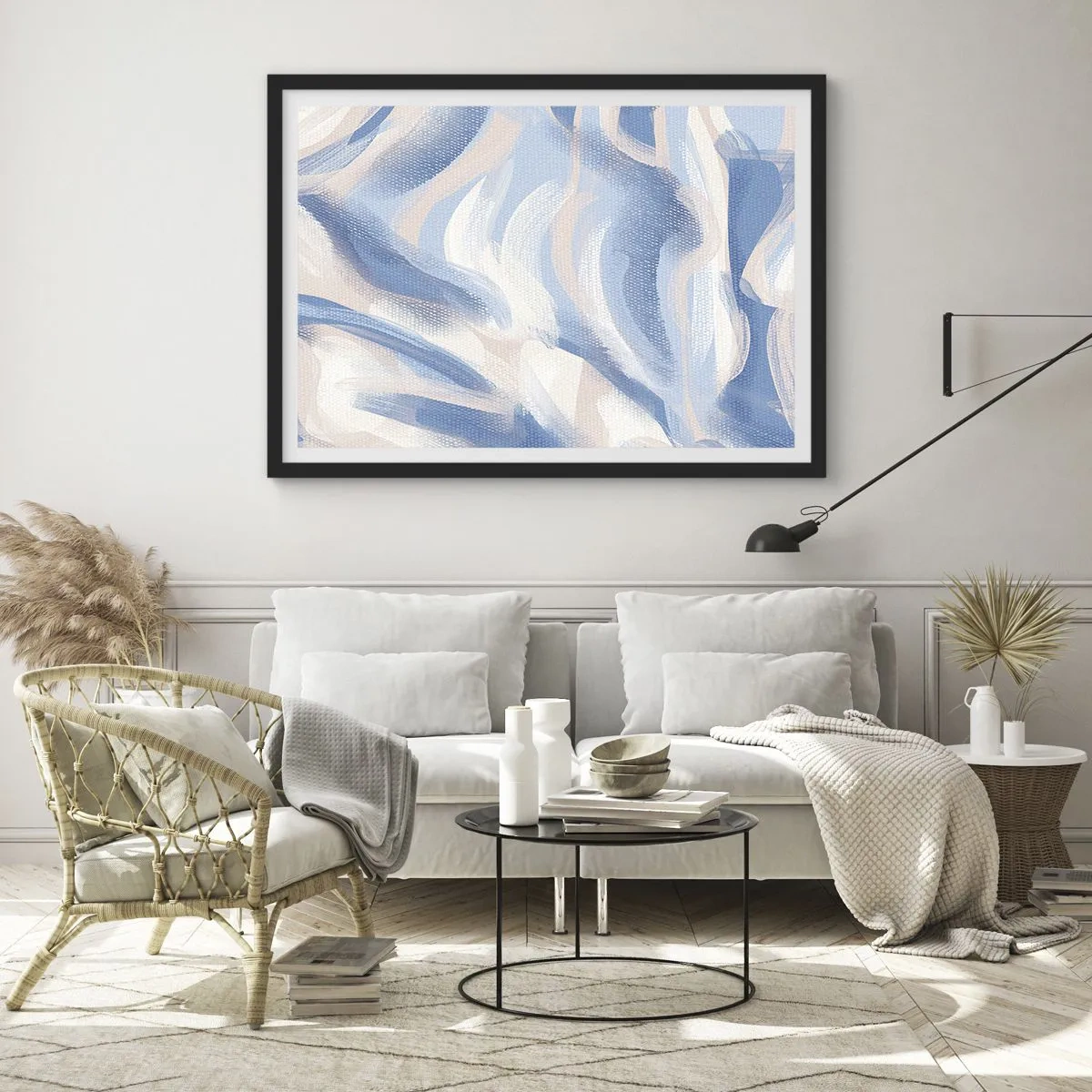 Poster in einem schwarzem Rahmen - Abstrakte Pinselstriche in Blau- und Beigetönen - 70x50cm - Blaue Wellen - Moderne Wanddekoration für Wohnzimmer und Schlafzimmer ARTTOR