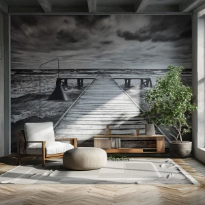 Selbstklebende Fototapete Deluxe Sticker - Ich warte darauf, dass der Wind wegjagt... - Landschaft, Holzbrücke, Meer - 350x256 cm