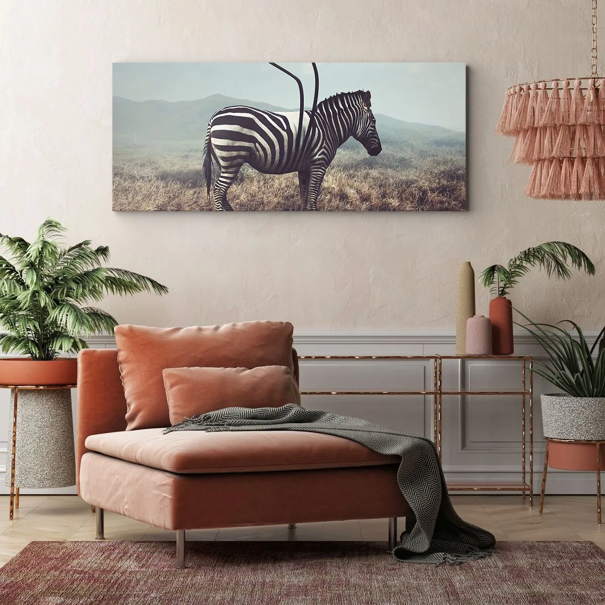 Bild auf Leinwand - Leinwandbild - Ein surreales Zebra vor einer grasbewachsenen Landschaft - 120x50cm - Achtung! Fehler - Moderne Wanddekoration für Wohnzimmer und Schlafzimmer ARTTOR