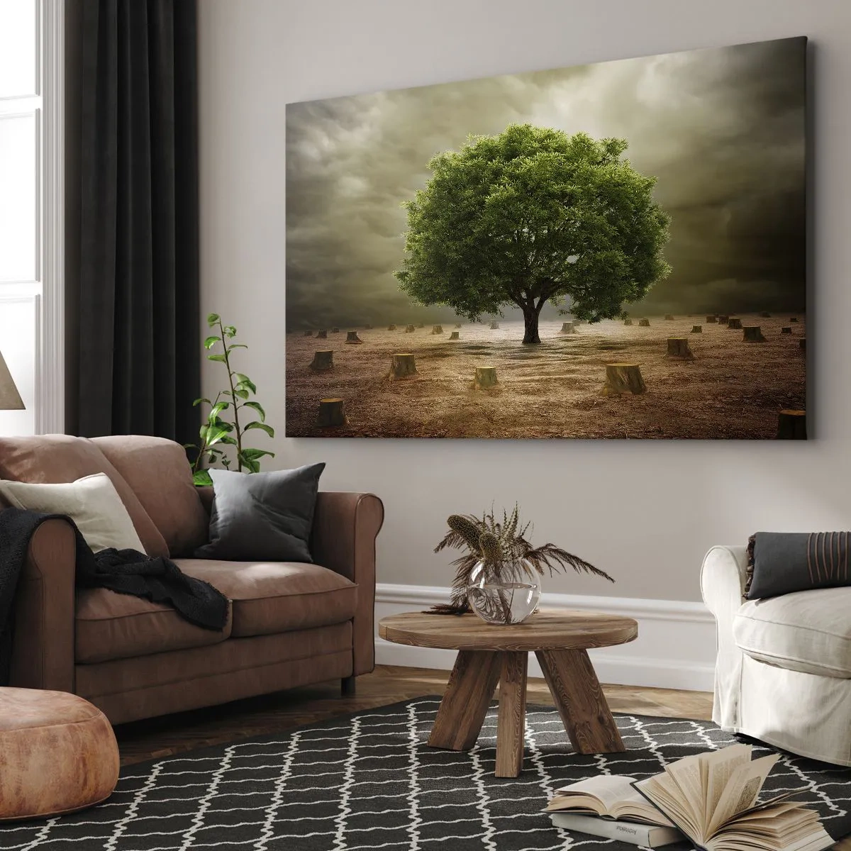 Bild auf Leinwand - Leinwandbild - Ein grüner Baum, umgeben von gefällten Baumstämmen vor einem bewölkten Himmel - 100x70cm - Alle Hoffnung - Moderne Wanddekoration für Wohnzimmer und Schlafzimmer ARTTOR