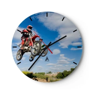 Wanduhr - Glasuhr - Motocross im Flug gegen den Himmel - 30x30cm - Himmelssprung - Moderne Wanddekoration für Wohnzimmer, Küche und Schlafzimmer ARTTOR