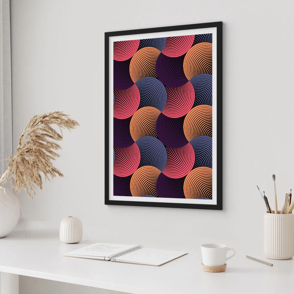 Poster in einem schwarzem Rahmen - Geometrisches Muster mit bunten, konzentrischen Kreisen - 50x70cm - Im kreisenden Rhythmus - Moderne Wanddekoration für Wohnzimmer und Schlafzimmer ARTTOR