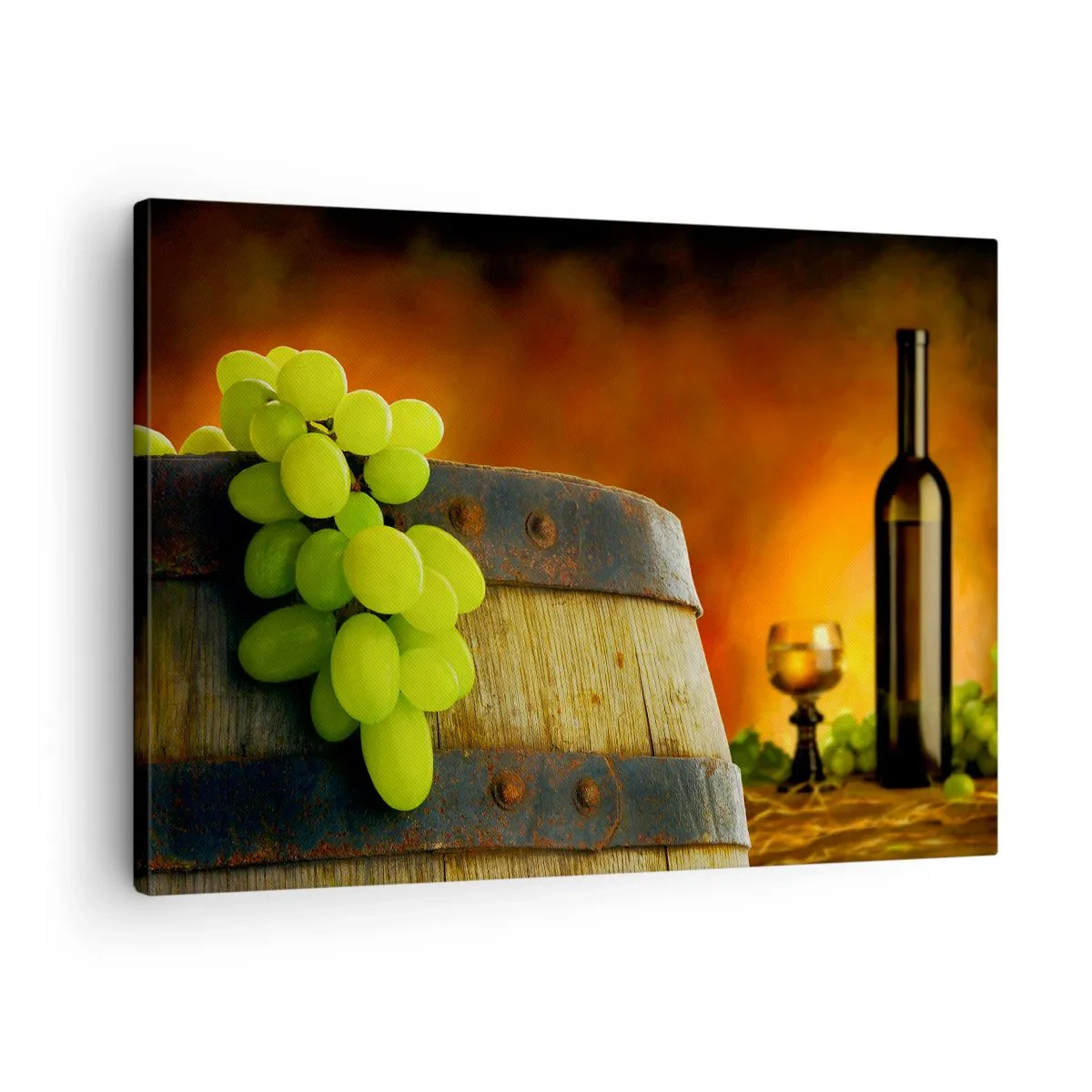 Bild auf Leinwand - Leinwandbild - Trauben auf einem Weinfass mit warmer Farbgebung im Hintergrund - 70x50cm - Stillleben mit einer Flasche Wein und einer Weintraube - Moderne Wanddekoration für Wohnzimmer und Schlafzimmer ARTTOR
