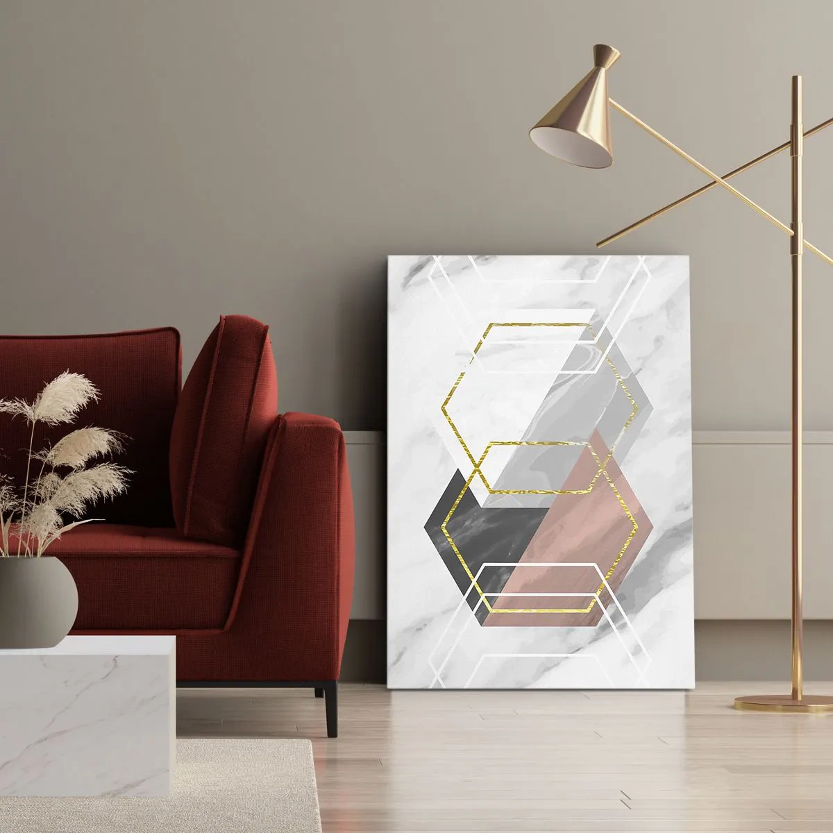 Bild auf Leinwand - Leinwandbild - Geometrische Figuren mit Gold- und Marmorakzenten - 70x100cm - Kettenkomposition - Moderne Wanddekoration für Wohnzimmer und Schlafzimmer ARTTOR