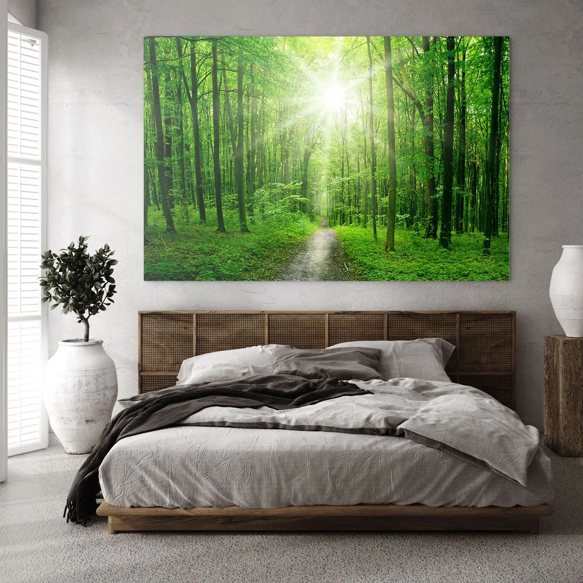 Glasbild - Bild auf glas - Ein von den Sonnenstrahlen beleuchteter Waldweg - 100x70cm - Die grüne Kathedrale - Moderne Wanddekoration für Wohnzimmer und Schlafzimmer ARTTOR