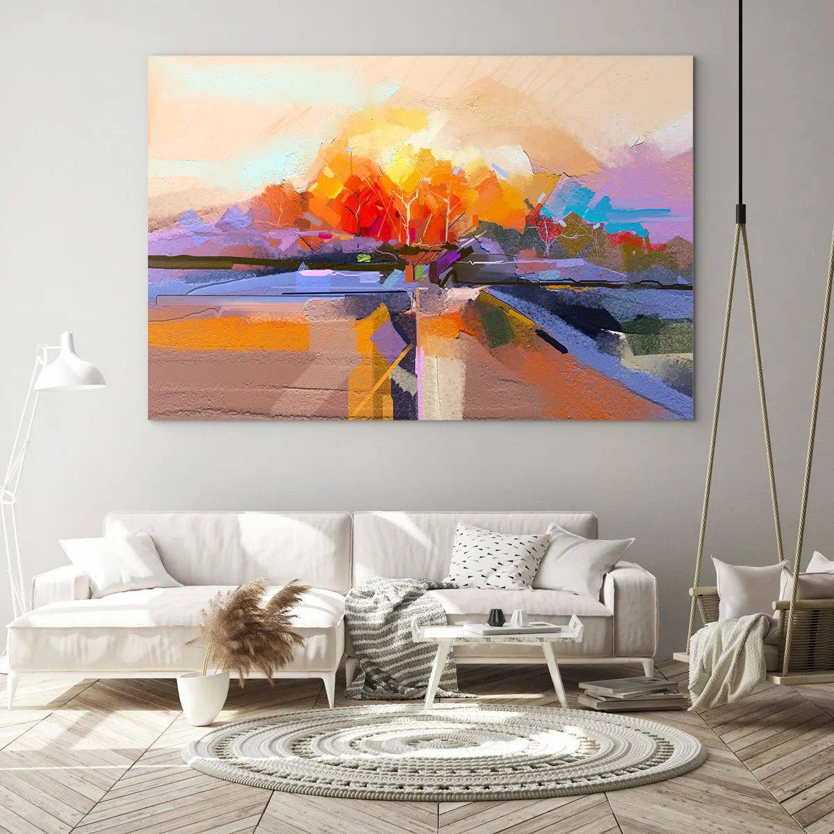 Glasbild - Bild auf glas - Abstrakte Landschaft mit Sonnenuntergang und bunten Feldern - 120x80cm - Der Herbst ist geworden - Moderne Wanddekoration für Wohnzimmer und Schlafzimmer ARTTOR