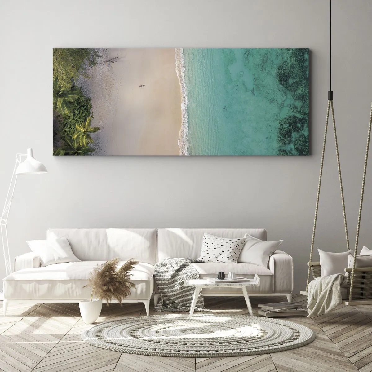 Bild auf Leinwand - Leinwandbild - Luftaufnahme eines tropischen Strandes mit türkisfarbenem Wasser - 140x50cm - Paradiesstrand - Moderne Wanddekoration für Wohnzimmer und Schlafzimmer ARTTOR
