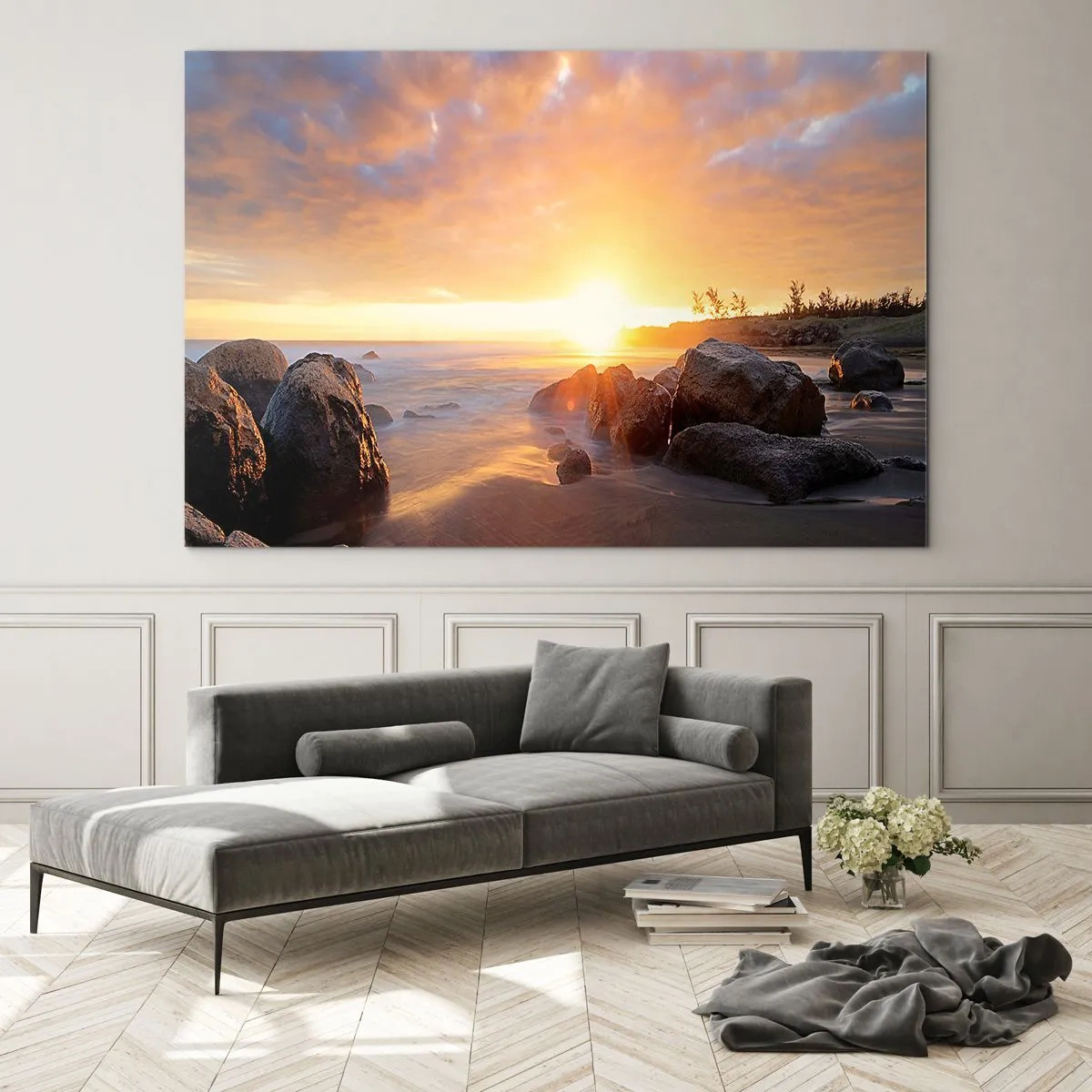 Glasbild - Bild auf glas - Sonnenuntergang über dem Meer mit Steinen am Ufer - 100x70cm - Leuchtende Brise des Abends - Moderne Wanddekoration für Wohnzimmer und Schlafzimmer ARTTOR