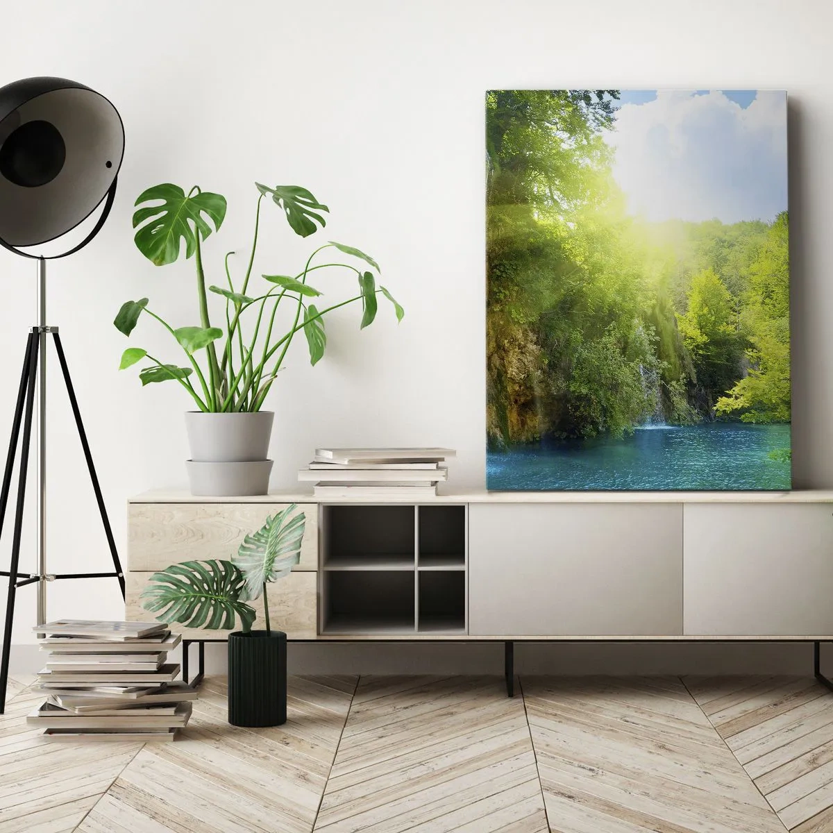 Bild auf Leinwand - Leinwandbild - Ein Wasserfall, der in einen türkisfarbenen See fließt, umgeben von Grün - 50x70cm - Es muss Eden sein - Moderne Wanddekoration für Wohnzimmer und Schlafzimmer ARTTOR