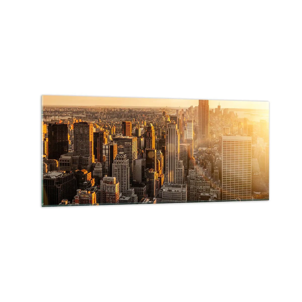 Glasbild - Bild auf glas - Skyline von New York City bei Sonnenuntergang mit Blick auf das Empire State Building - 120x50cm - In der Sonne wachsen - Moderne Wanddekoration für Wohnzimmer und Schlafzimmer ARTTOR