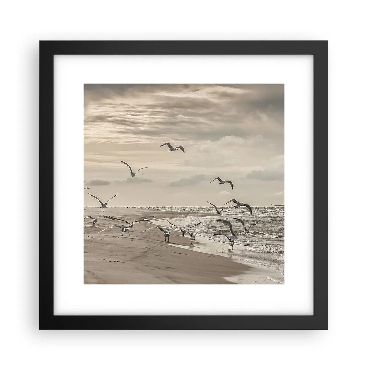 Poster in einem schwarzem Rahmen - Meeresrauschen, Vogelgesang - 30x30 cm