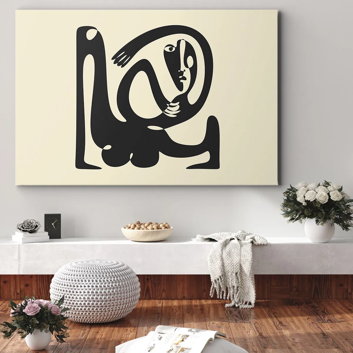 Bild auf Leinwand - Leinwandbild - Eine abstrakte Figur in Schwarz auf beigem Hintergrund - 70x50cm - Fast wie Picasso - Moderne Wanddekoration für Wohnzimmer und Schlafzimmer ARTTOR