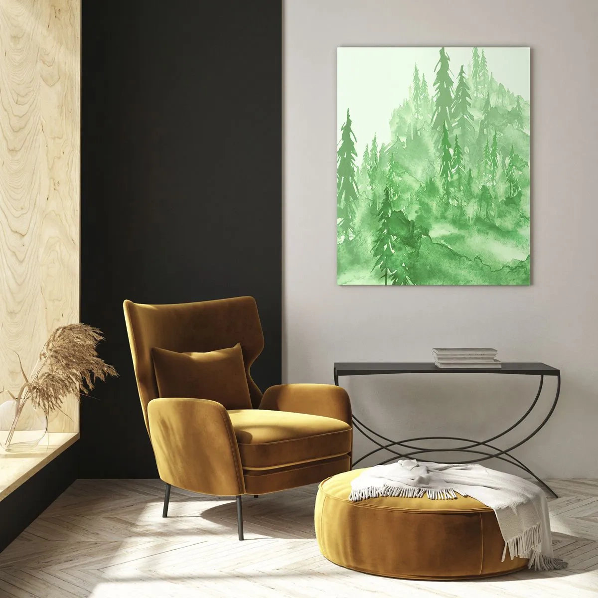 Glasbild - Bild auf glas - Grüner Wald im Aquarellstil auf hellem Hintergrund - 70x100cm - Verschwommen mit grünem Nebel - Moderne Wanddekoration für Wohnzimmer und Schlafzimmer ARTTOR
