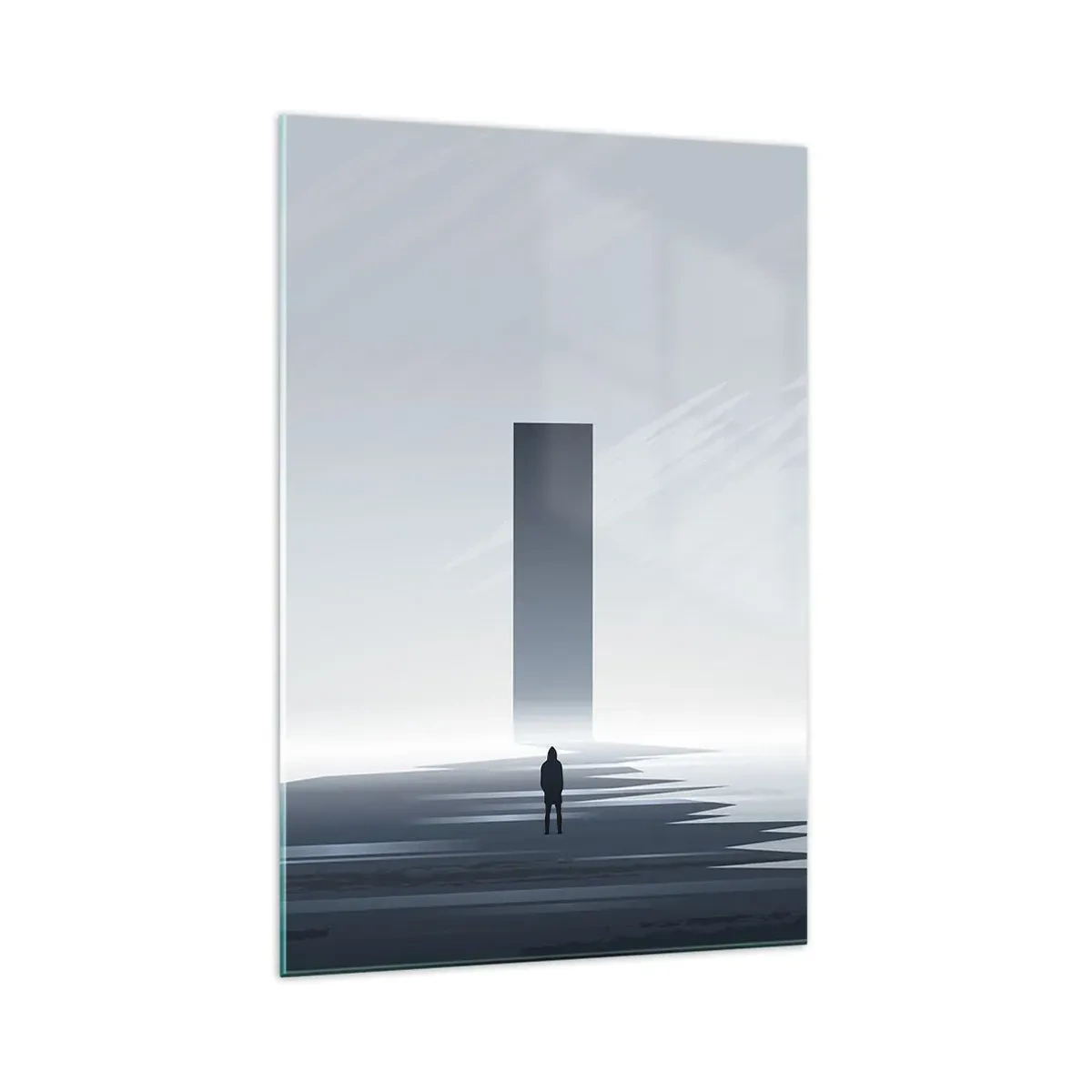 Glasbild - Bild auf glas - Eine minimalistische Landschaft mit einer Silhouette neben einem rechteckigen Monolithen - 70x100cm - Chance oder Bedrohung? - Moderne Wanddekoration für Wohnzimmer und Schlafzimmer ARTTOR