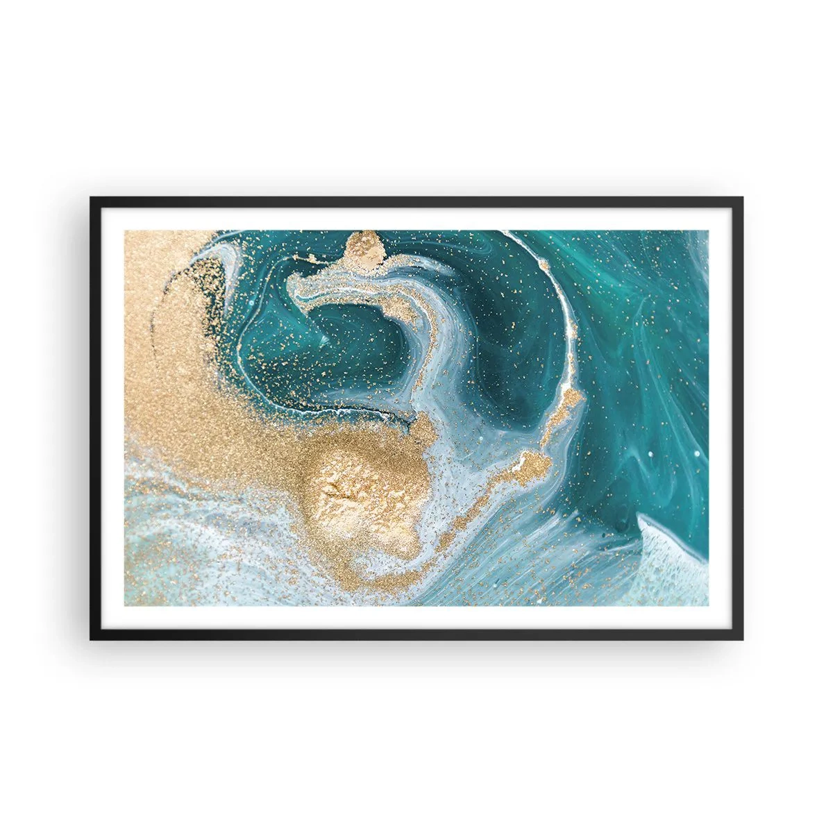 Poster in einem schwarzem Rahmen - Ein Strudel aus Gold und Türkis - 91x61 cm