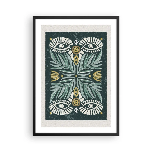 Poster in einem schwarzem Rahmen - Symmetrisches Muster mit Blättern und Augen auf dunklem Hintergrund - 50x70cm - Wie ein Volksausschnitt - Moderne Wanddekoration für Wohnzimmer und Schlafzimmer ARTTOR