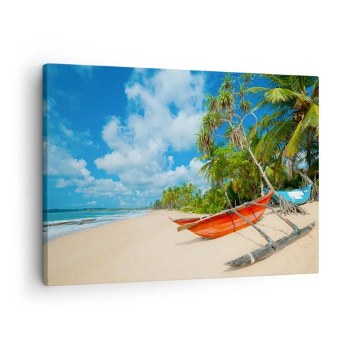 Bild auf Leinwand - Leinwandbild - Tropischer Strand mit Palmen und bunten Booten - 70x50cm - Der Charme der Tropen - Moderne Wanddekoration für Wohnzimmer und Schlafzimmer ARTTOR