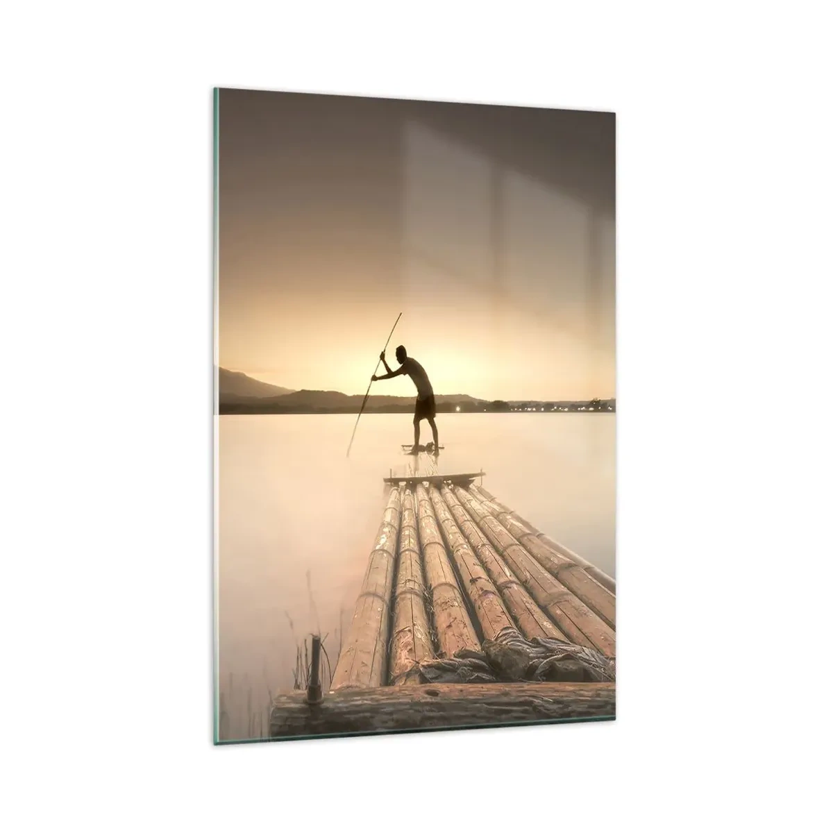 Glasbild - Bild auf glas - Mann auf einem Floß bei Sonnenuntergang - 80x120cm - Vor dem schlafen gehen - Moderne Wanddekoration für Wohnzimmer und Schlafzimmer ARTTOR