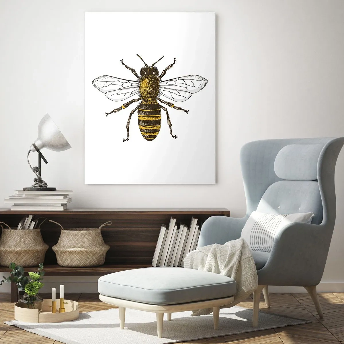 Glasbild - Bild auf glas - Detaillierte Darstellung einer Biene auf weißem Hintergrund - 80x120cm - Schön und gut - Moderne Wanddekoration für Wohnzimmer und Schlafzimmer ARTTOR