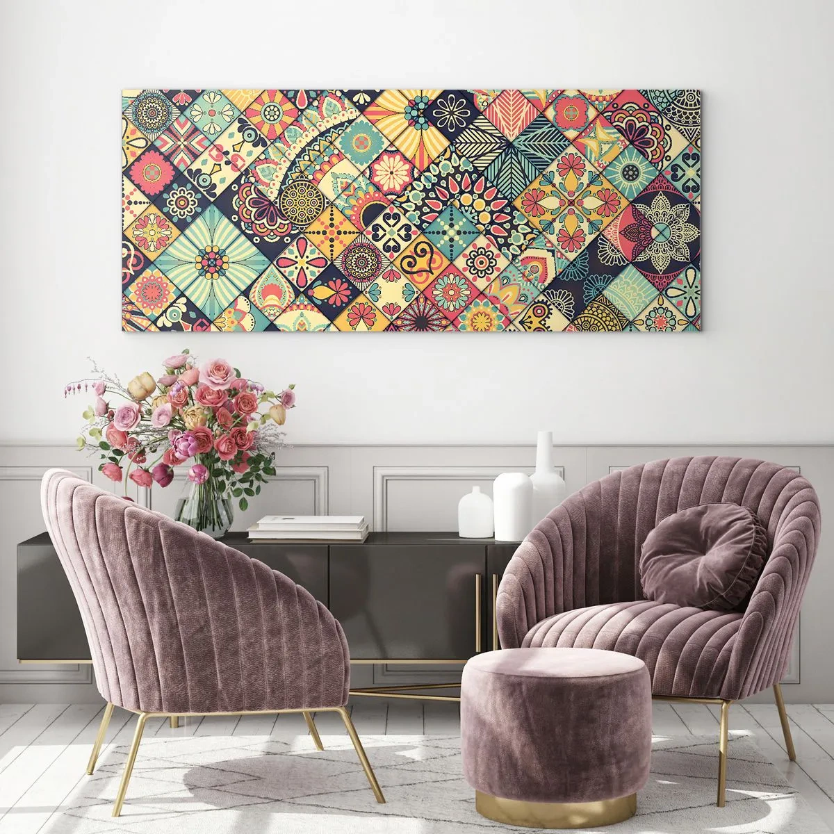 Glasbild - Bild auf glas - Bunte geometrische Muster, inspiriert vom marokkanischen Stil - 140x50cm - marokkanische Atmosphäre - Moderne Wanddekoration für Wohnzimmer und Schlafzimmer ARTTOR