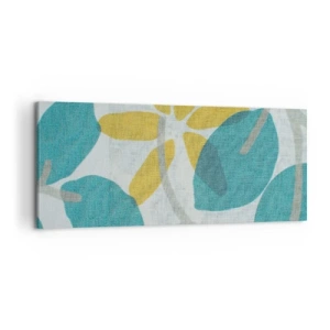Bild auf Leinwand - Leinwandbild - Blätter in Türkis- und Gelbtönen auf hellem Hintergrund - 120x50cm - Unter den azurblauen Blättern - Moderne Wanddekoration für Wohnzimmer und Schlafzimmer ARTTOR