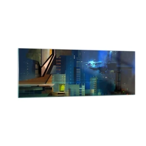 Glasbild - Bild auf glas - Futuristische Stadt bei Nacht mit Neonlichtern und einem fliegenden Fahrzeug - 140x50cm - In naher Zukunft - Moderne Wanddekoration für Wohnzimmer und Schlafzimmer ARTTOR