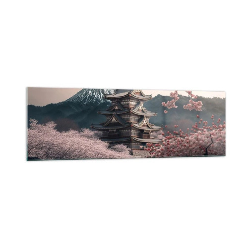 Glasbild - Bild auf glas - Ein japanischer Tempel, umgeben von Kirschblüten und Bergen - 160x50cm - Land der Kirschblüten - Moderne Wanddekoration für Wohnzimmer und Schlafzimmer ARTTOR