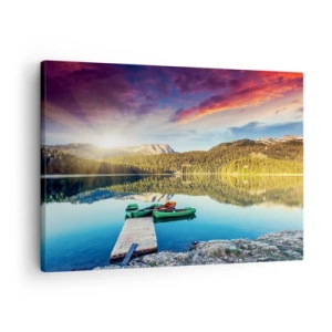 Bild auf Leinwand - Leinwandbild - Sonnenuntergang über dem See mit Booten am Pier - 70x50cm - Glatt wie ein Spiegel über dem Wasser - Moderne Wanddekoration für Wohnzimmer und Schlafzimmer ARTTOR