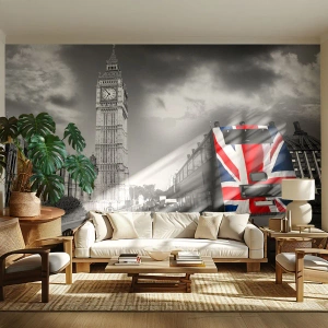 Fototapete Premium Sand - Schwarz-weiße Stadtansicht mit einem bunten Bus - 100x70cm - Stolz und toll - Moderne Wanddekoration für Wohnzimmer und Schlafzimmer ARTTOR