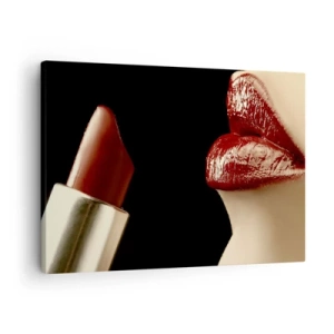 Bild auf Leinwand - Leinwandbild - Rote Lippen und Lippenstift auf schwarzem Hintergrund - 70x50cm - Sinnlichkeit und Brillanz von Karmin - Moderne Wanddekoration für Wohnzimmer und Schlafzimmer ARTTOR