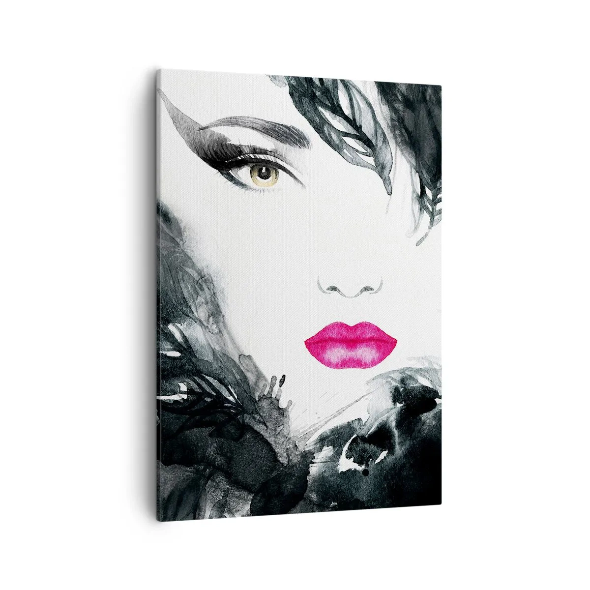 Bild auf Leinwand - Leinwandbild - Künstlerisches Porträt einer Frau mit intensiv rosa Lippen - 50x70cm - Beachtung! Femme fatale - Moderne Wanddekoration für Wohnzimmer und Schlafzimmer ARTTOR
