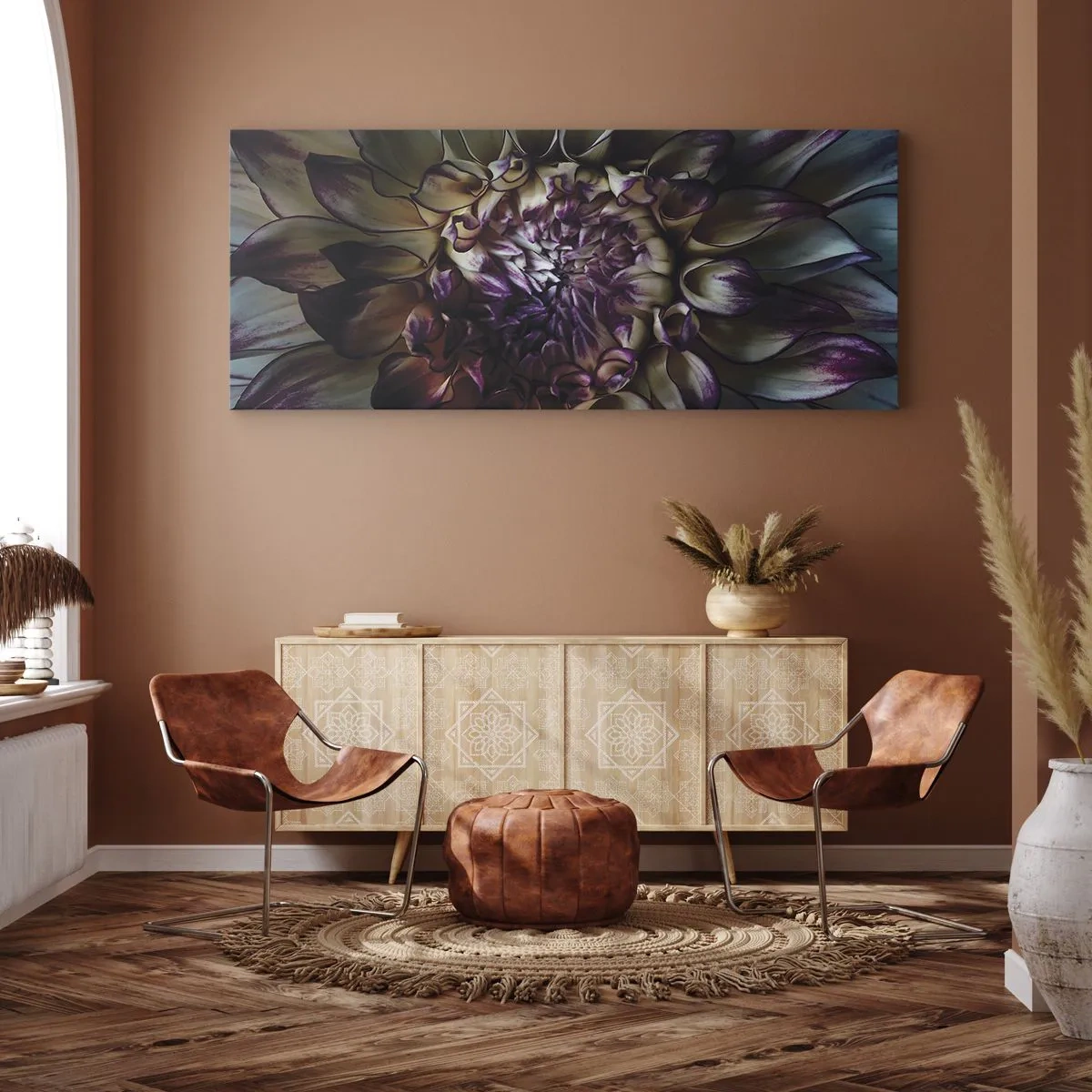 Bild auf Leinwand - Leinwandbild - Nahaufnahme einer Dahlienblüte in dunklen Tönen - 160x50cm - Die Blütezeit der Jugend - Moderne Wanddekoration für Wohnzimmer und Schlafzimmer ARTTOR