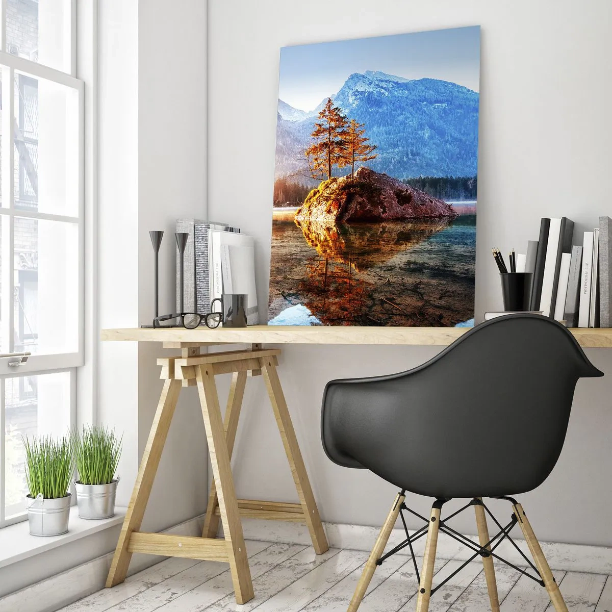 Glasbild - Bild auf glas - Ein See mit Inseln und Bergen im Hintergrund bei Sonnenaufgang - 70x100cm - Natur in neuem Licht - Moderne Wanddekoration für Wohnzimmer und Schlafzimmer ARTTOR