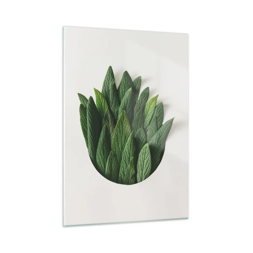 Glasbild - Bild auf glas - Grüne Blätter in Form einer Vase auf weißem Hintergrund angeordnet - 50x70cm - Ungebremste Neugier - Moderne Wanddekoration für Wohnzimmer und Schlafzimmer ARTTOR