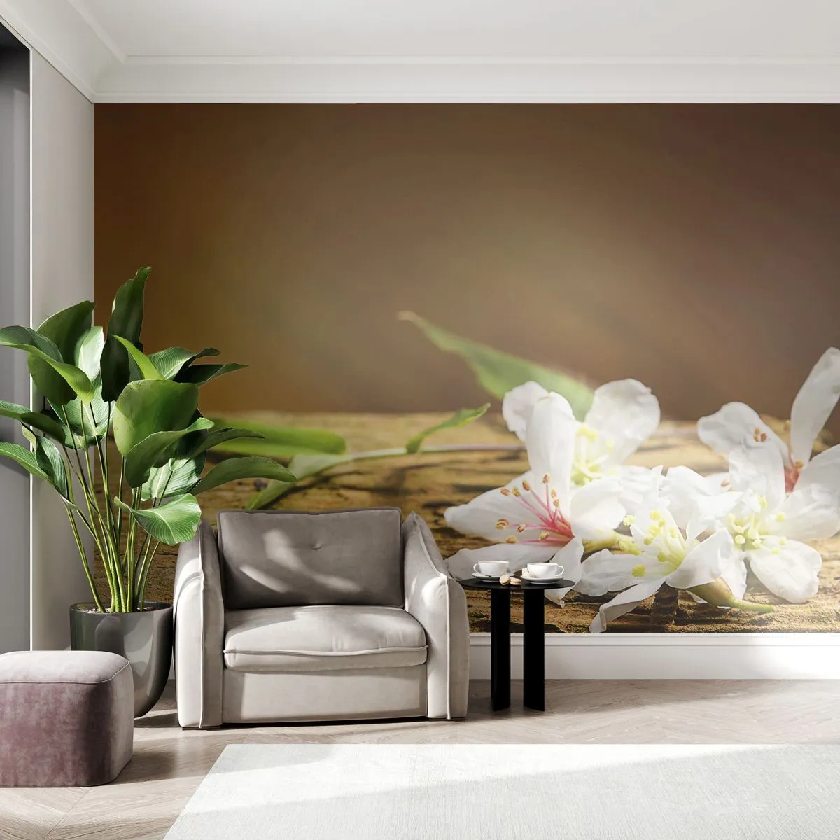 Fototapete Premium Sand - Weiße Blumen auf einer Holzoberfläche - 100x70cm - Ein unschuldiges Versprechen - Moderne Wanddekoration für Wohnzimmer und Schlafzimmer ARTTOR