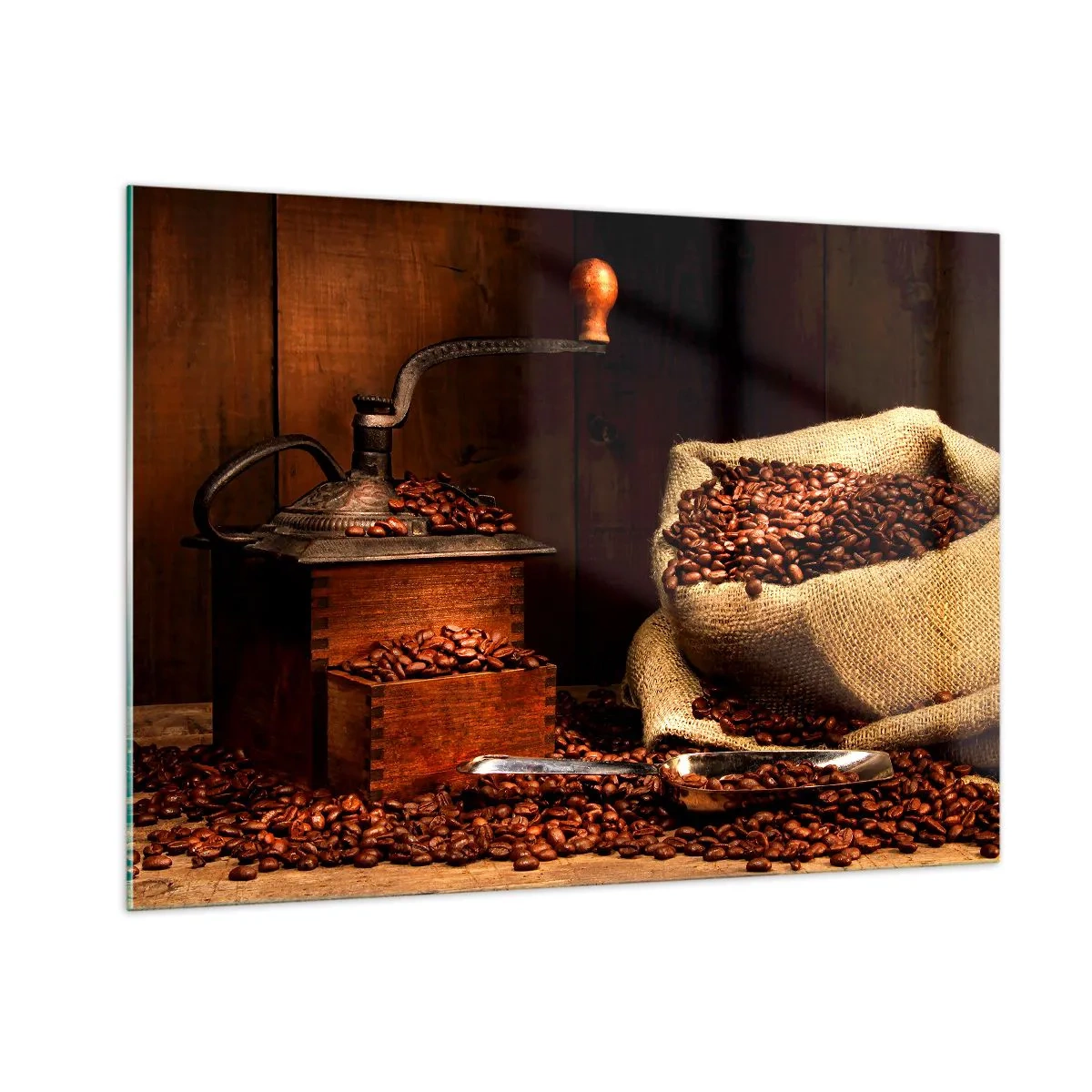 Glasbild - Bild auf glas - Eine alte Kaffeemühle mit Bohnen und einer Tüte Kaffee - 100x70cm - Stillleben mit Kaffeebohnen und einer Mühle - Moderne Wanddekoration für Wohnzimmer und Schlafzimmer ARTTOR