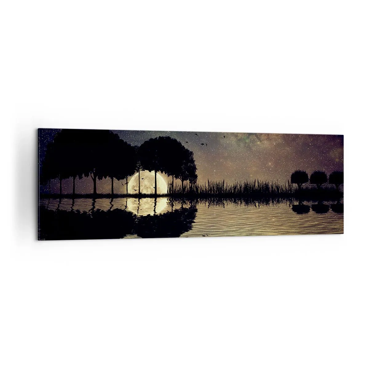 Bild auf Leinwand - Leinwandbild - Eine magische Nacht mit Bäumen und dem Mond, der sich im Wasser spiegelt - 160x50cm - Nacht am Ende der Welt - Moderne Wanddekoration für Wohnzimmer und Schlafzimmer ARTTOR
