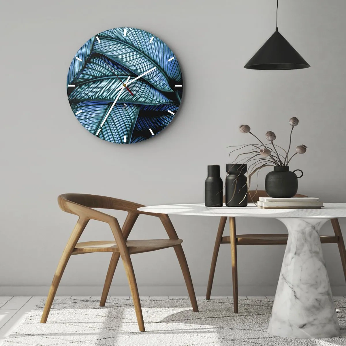 Wanduhr - Glasuhr - Nahaufnahme von Federn in Türkis- und Marineblautönen - 30x30cm - Lebenslinien - Moderne Wanddekoration für Wohnzimmer, Küche und Schlafzimmer ARTTOR