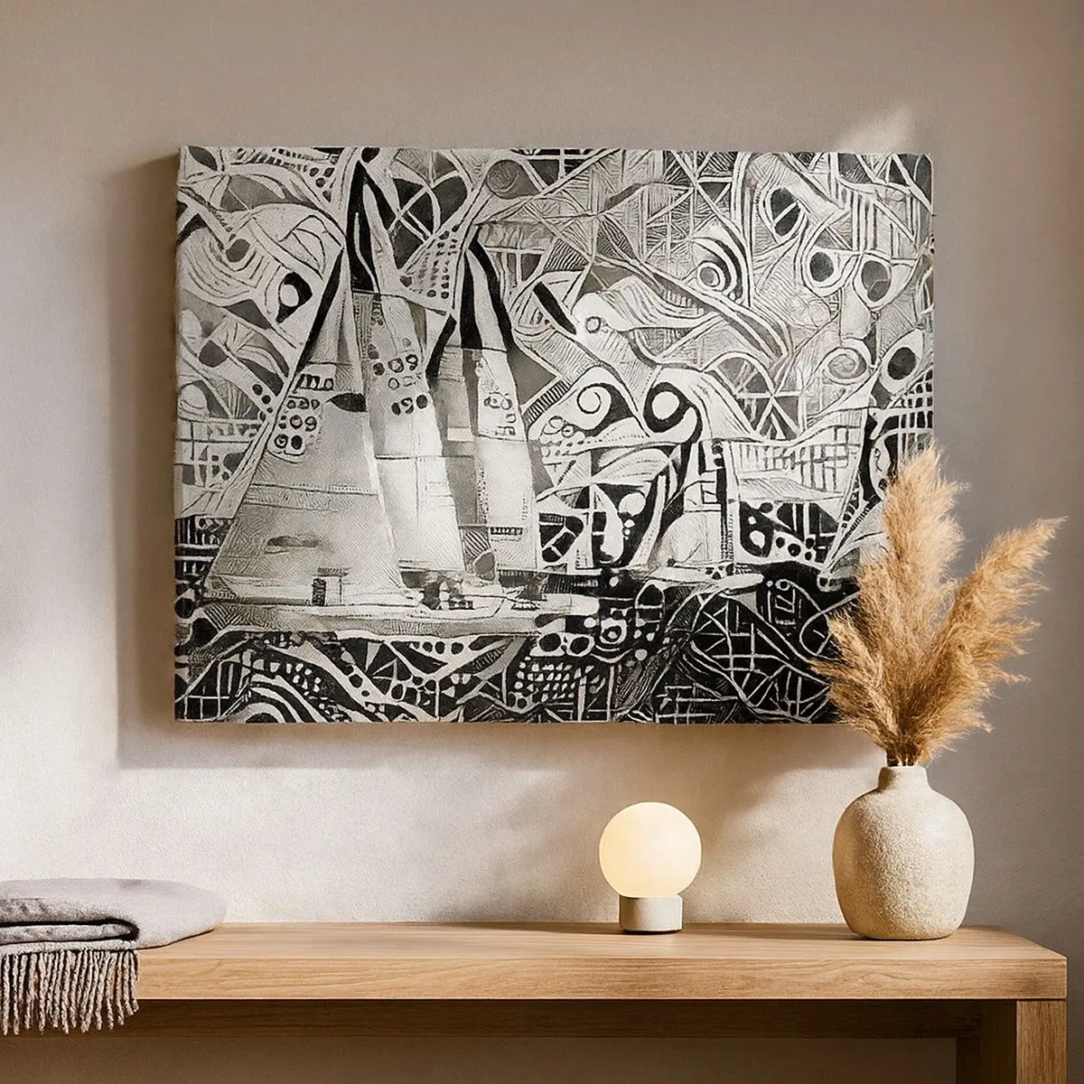 Bild auf Leinwand - Leinwandbild - Abstrakte Segelboote in einer monochromen Komposition - 70x50cm - Zwischen den Wellen - Moderne Wanddekoration für Wohnzimmer und Schlafzimmer ARTTOR