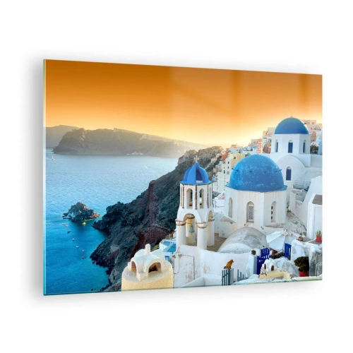 Glasbild - Bild auf glas - Blick auf Santorin mit seinen blauen Kuppeln und Klippen - 70x50cm - Santorini - an die Felsen gekuschelt - Moderne Wanddekoration für Wohnzimmer und Schlafzimmer ARTTOR