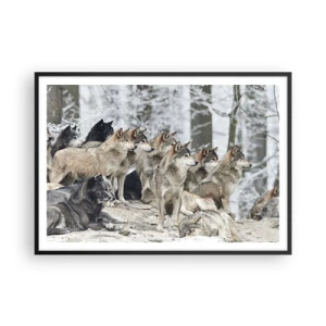 Poster in einem schwarzem Rahmen - Ein Wolfsrudel im Winterwald - 100x70cm - Familie und Freunde - Moderne Wanddekoration für Wohnzimmer und Schlafzimmer ARTTOR