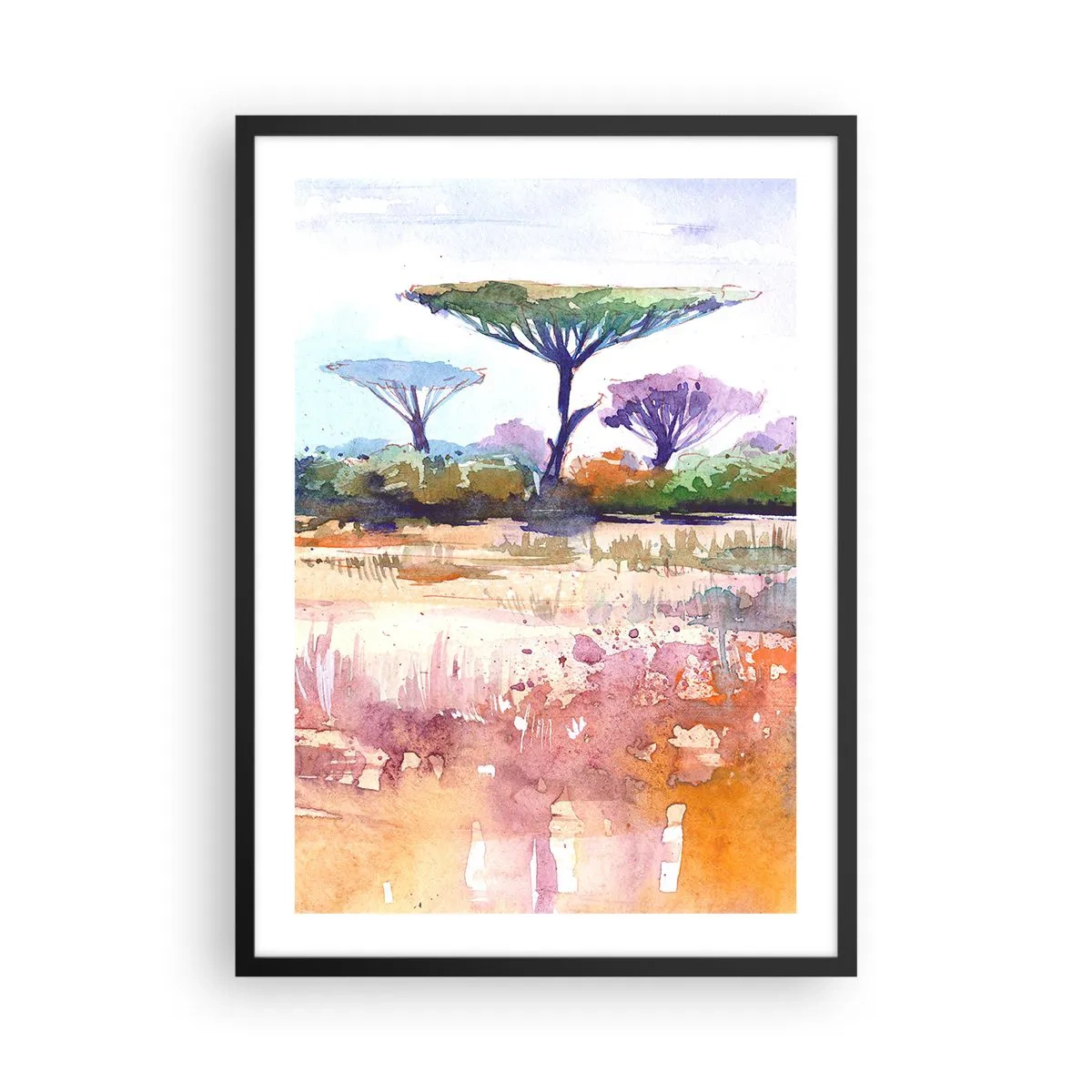 Poster in einem schwarzem Rahmen - Ein Aquarell einer Savannenlandschaft mit Akazienbäumen. - 50x70cm - Savannah-Farben - Moderne Wanddekoration für Wohnzimmer und Schlafzimmer ARTTOR