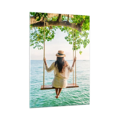 Glasbild - Bild auf glas - Frau auf einer Schaukel am Meer in tropischer Umgebung - 50x70cm - Das Leben ist wunderschön - Moderne Wanddekoration für Wohnzimmer und Schlafzimmer ARTTOR